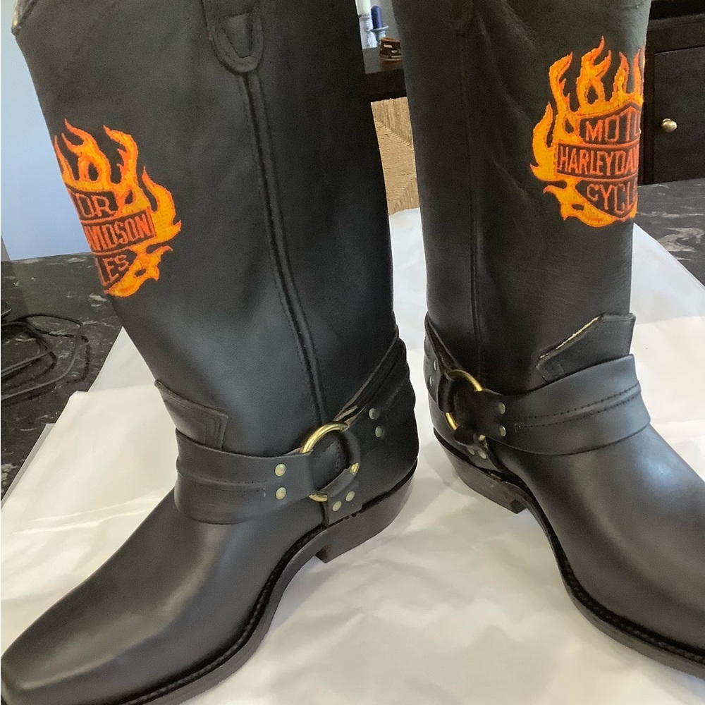 Harley-Davidson Black Leather Moto Boots with Orange Flame Logo